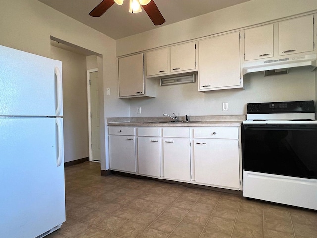 kitchen featuring ceiling fan, sink, white cabinets, and white appliances