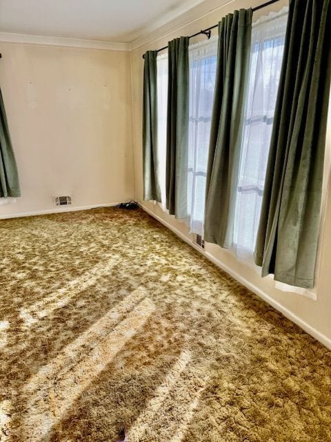 unfurnished room featuring carpet flooring and crown molding