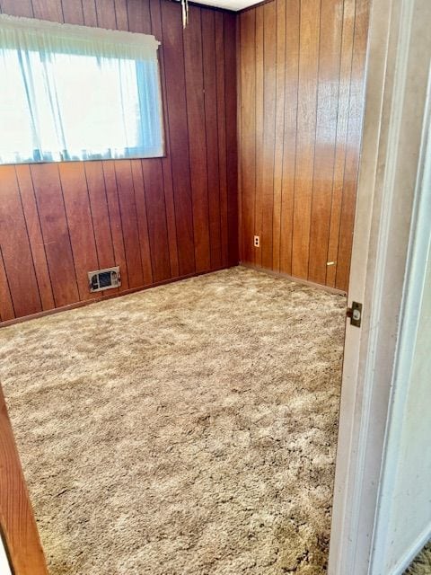 empty room featuring carpet flooring and wood walls