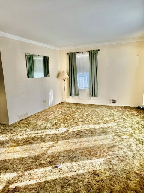 unfurnished room with carpet flooring and ornamental molding