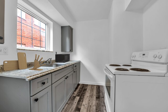 10420 Whittier St, Detroit, MI 48224 - kitchen featuring electric stove, dark wood-style flooring, gray cabinetry, a sink, and light countertops