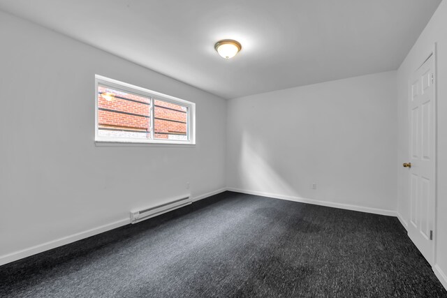 10420 Whittier St, Detroit, MI 48224 - empty room with baseboard heating, dark colored carpet, and baseboards