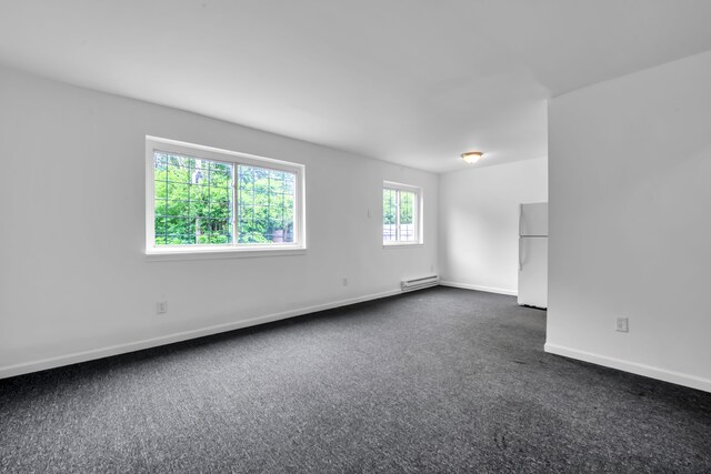 10420 Whittier St, Detroit, MI 48224 - empty room featuring baseboard heating, dark carpet, and baseboards