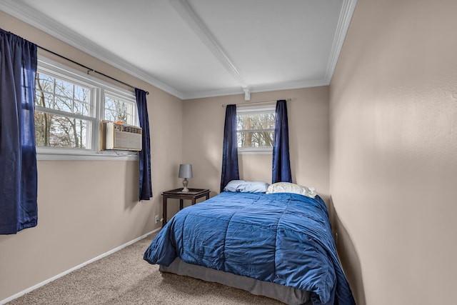 bedroom featuring carpet flooring, cooling unit, and ornamental molding