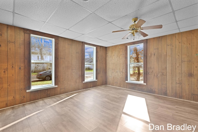 spare room featuring light hardwood / wood-style flooring, a wealth of natural light, and wooden walls