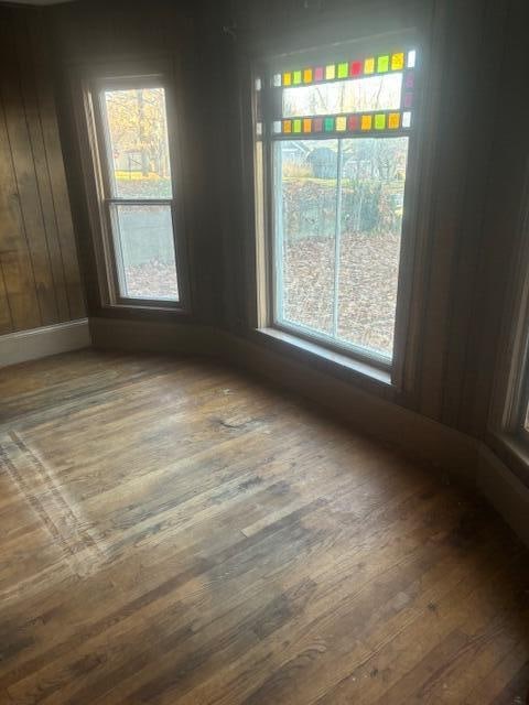 unfurnished dining area with a healthy amount of sunlight, wooden walls, and wood-type flooring