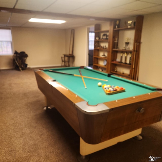 playroom featuring a paneled ceiling, dark carpet, and billiards