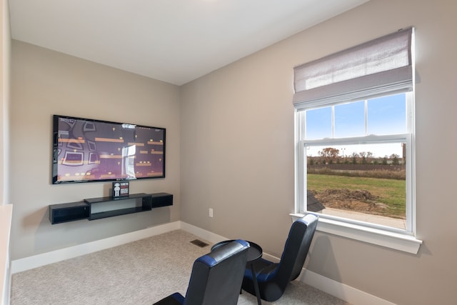 home theater room featuring light colored carpet