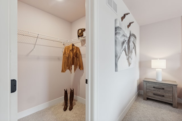 walk in closet with light colored carpet