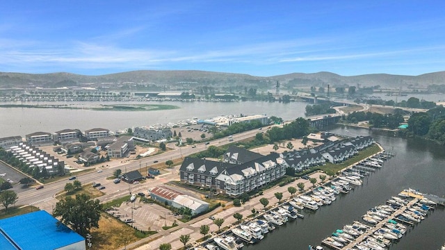 birds eye view of property featuring a water and mountain view