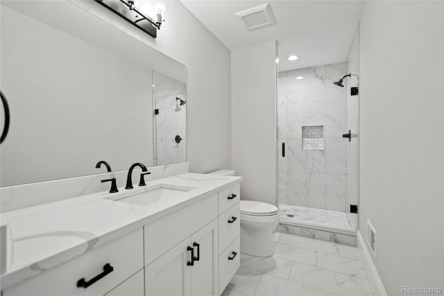 2182 Buckingham Ave, Birmingham, MI 48009 - bathroom with marble finish flooring, toilet, vanity, a marble finish shower, and recessed lighting