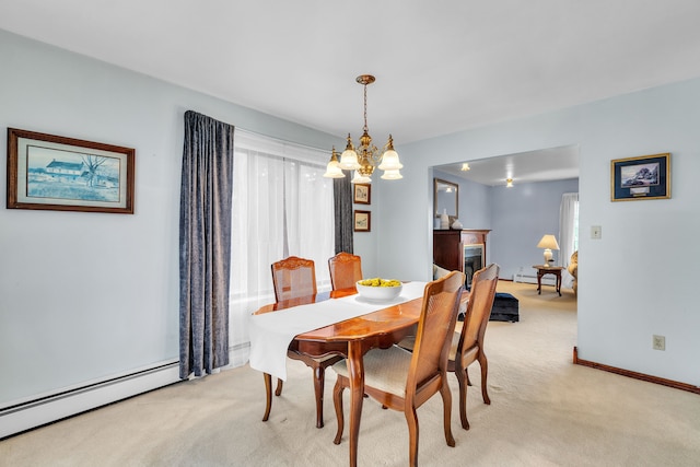 carpeted dining area with baseboard heating and a notable chandelier