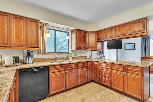 kitchen with light stone countertops, kitchen peninsula, sink, decorative light fixtures, and black dishwasher