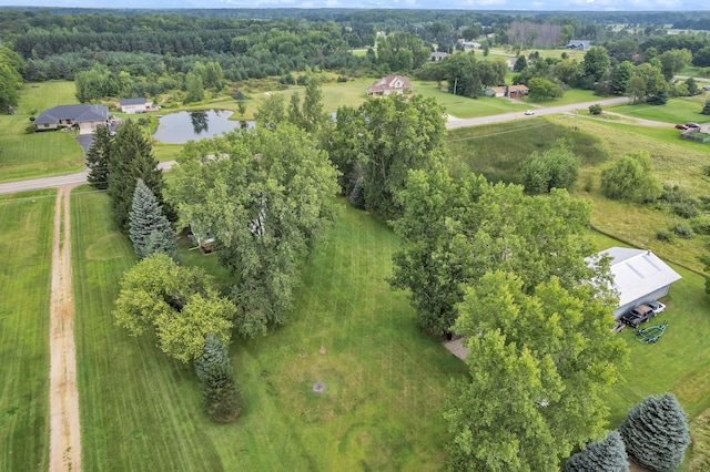 aerial view featuring a water view and a rural view