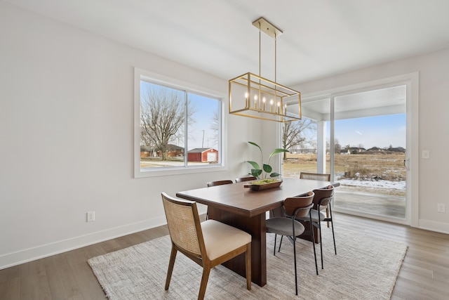 dining room with plenty of natural light, wood finished floors, and baseboards