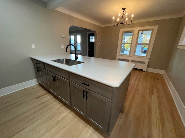 kitchen featuring a healthy amount of sunlight, light hardwood / wood-style floors, sink, and radiator