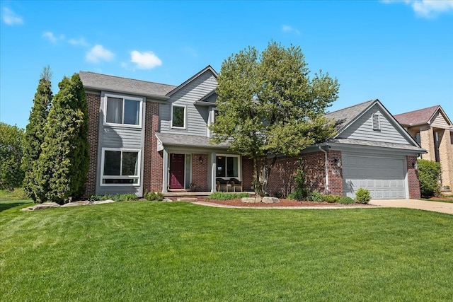 view of front of property with a porch, a garage, and a front yard