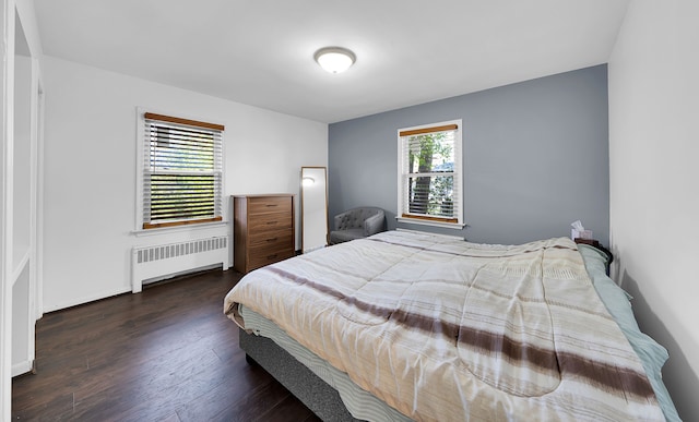 bedroom featuring radiator, dark hardwood / wood-style flooring, and multiple windows