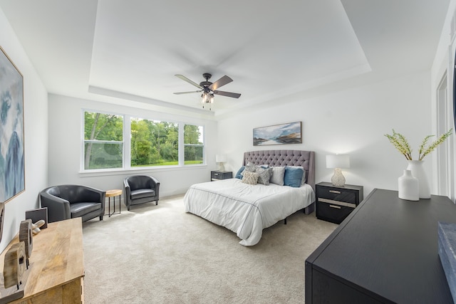 bedroom with a raised ceiling, ceiling fan, and carpet