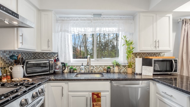 kitchen with plenty of natural light, white cabinets, stainless steel appliances, and sink