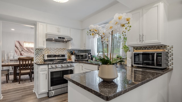 kitchen with white cabinets, hardwood / wood-style floors, stainless steel appliances, and extractor fan