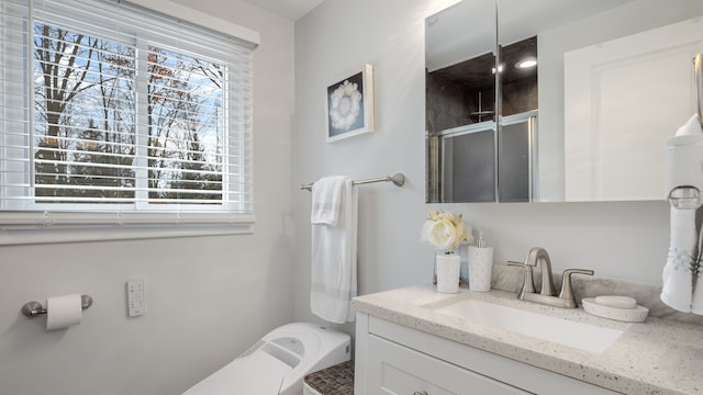 bathroom featuring vanity, a healthy amount of sunlight, and an enclosed shower