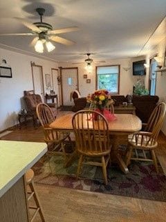 dining space with ceiling fan and crown molding