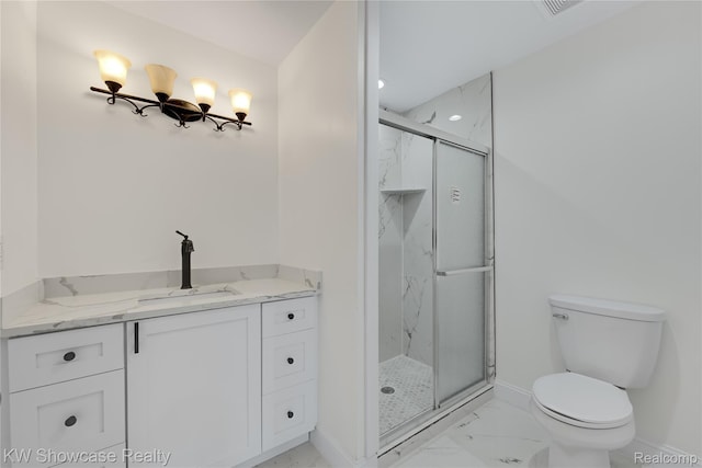 5245 Buell Dr, Commerce Twp, MI 48382 - full bathroom with marble look tile flooring, a marble finish shower, vanity, baseboards, and toilet