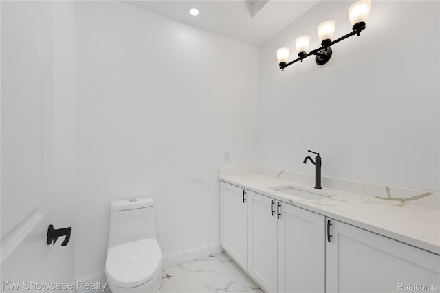 5245 Buell Dr, Commerce Twp, MI 48382 - half bath featuring vanity, baseboards, marble finish flooring, toilet, and recessed lighting