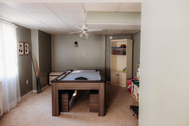 recreation room featuring ceiling fan, a paneled ceiling, billiards, and carpet flooring