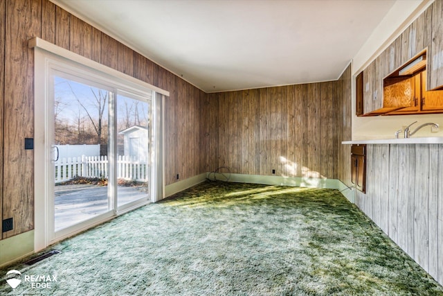 carpeted spare room with sink and wood walls