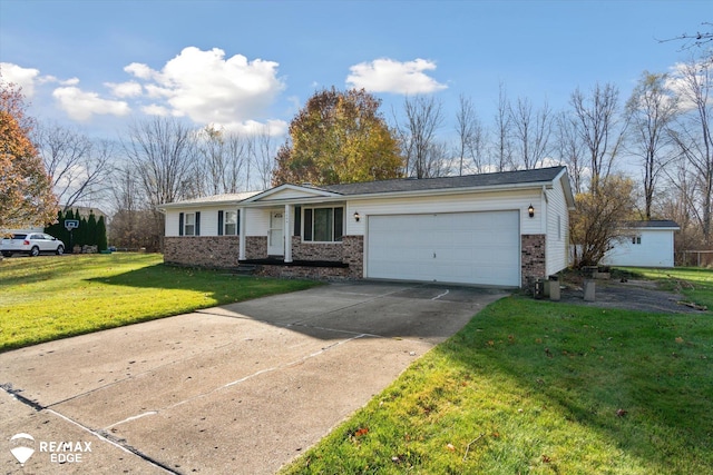 ranch-style home featuring a garage and a front lawn