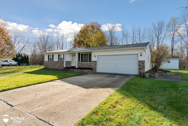 ranch-style house with a garage and a front lawn