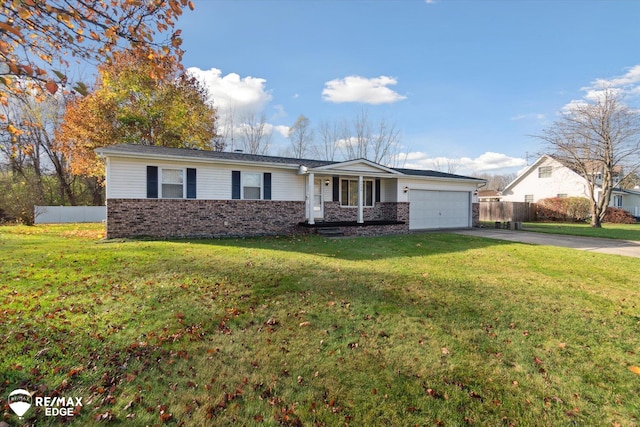 single story home featuring a front yard and a garage