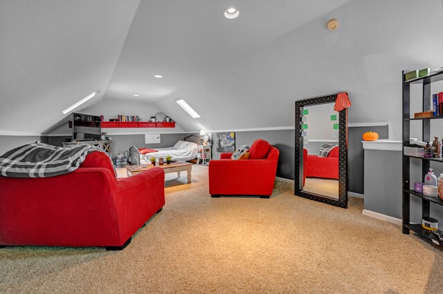 playroom with vaulted ceiling and carpet floors