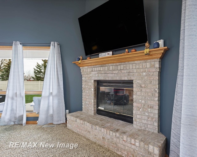 details with a fireplace and carpet floors