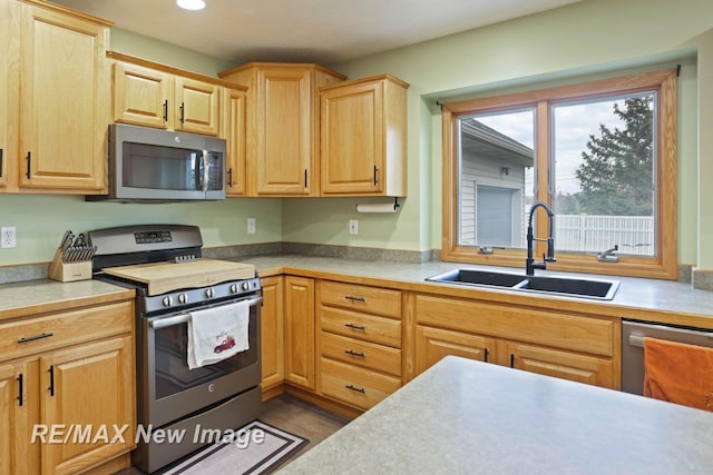 kitchen with light brown cabinetry, sink, stainless steel appliances, and dark hardwood / wood-style floors