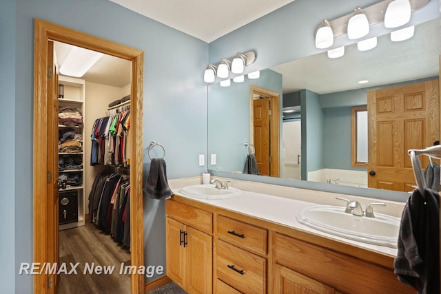 bathroom with vanity and wood-type flooring