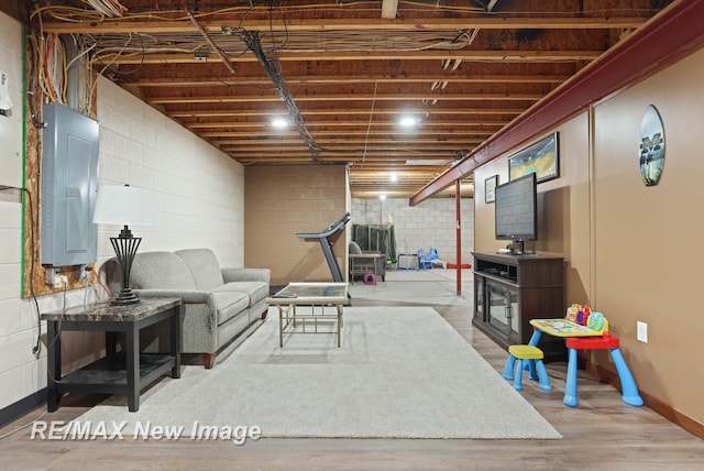 living room featuring hardwood / wood-style flooring and electric panel