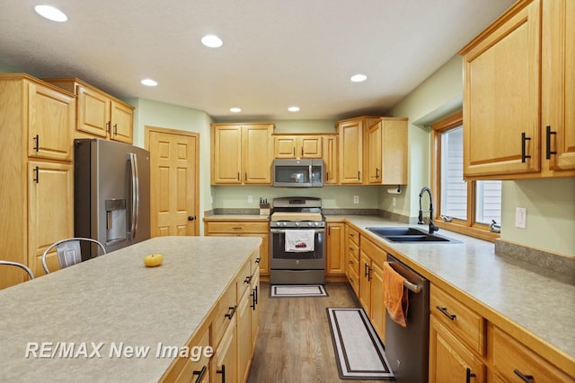 kitchen with wood-type flooring, stainless steel appliances, light brown cabinetry, and sink