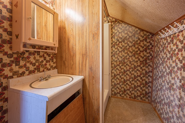 bathroom with vanity and wood walls