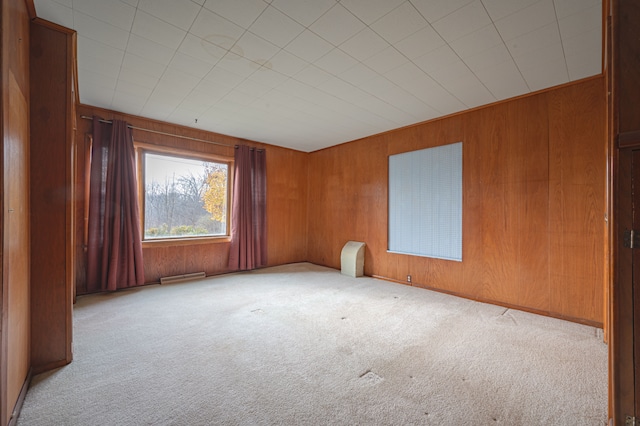 carpeted empty room featuring wood walls