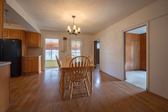 dining space with an inviting chandelier and hardwood / wood-style flooring