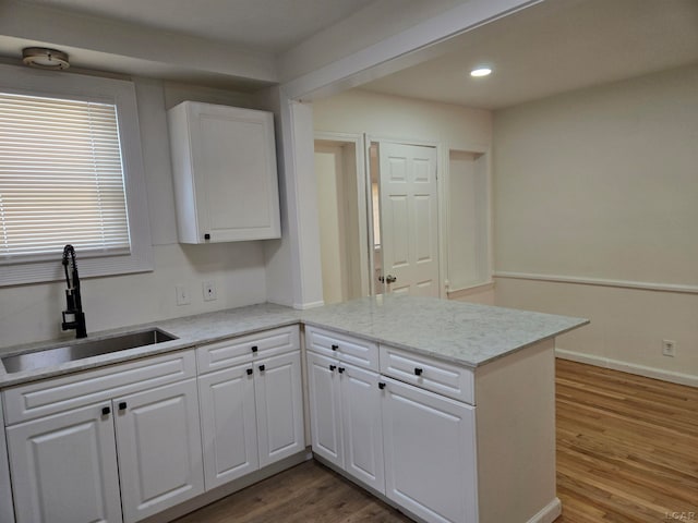 kitchen featuring kitchen peninsula, wood-type flooring, white cabinetry, and sink