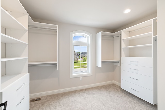 spacious closet with light colored carpet