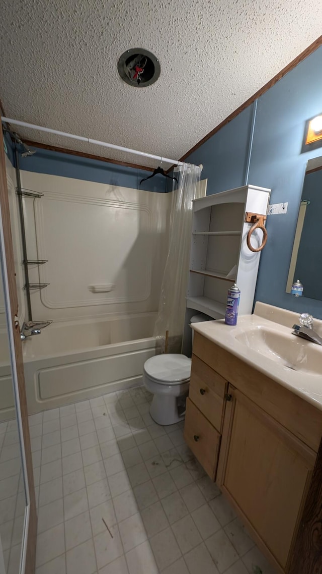 full bathroom with shower / bathtub combination with curtain, tile patterned flooring, a textured ceiling, toilet, and vanity