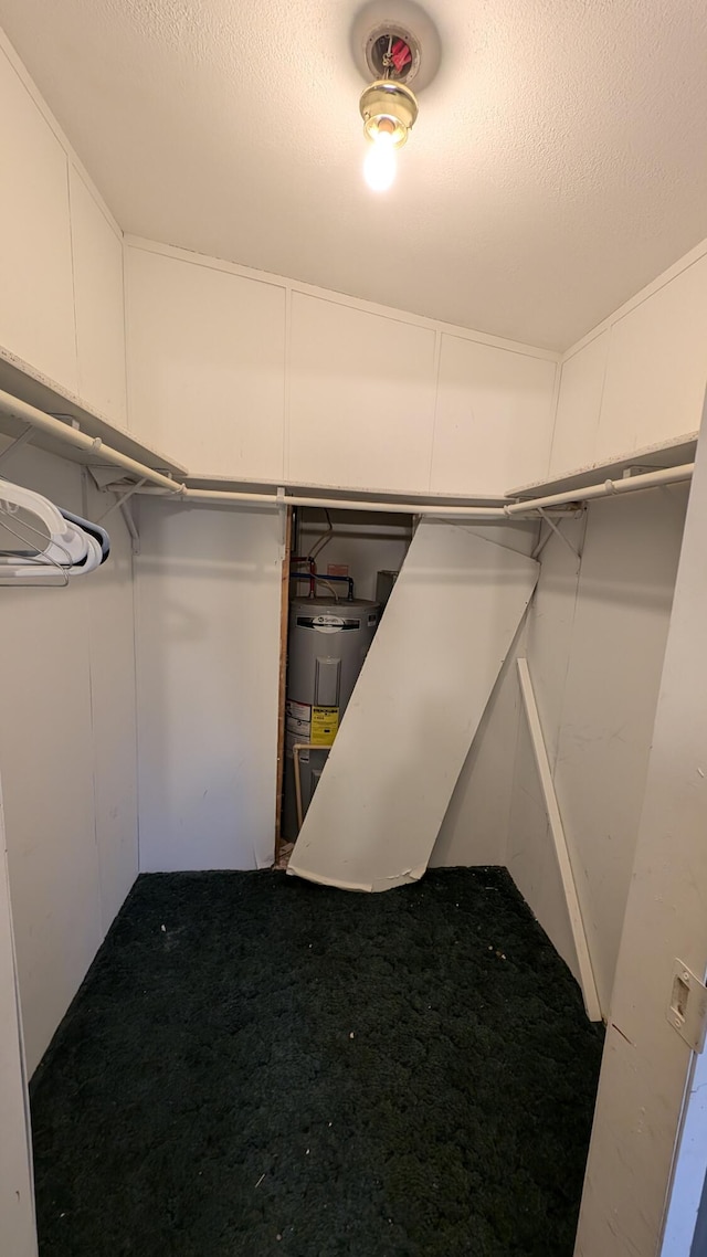 spacious closet featuring electric water heater and carpet floors