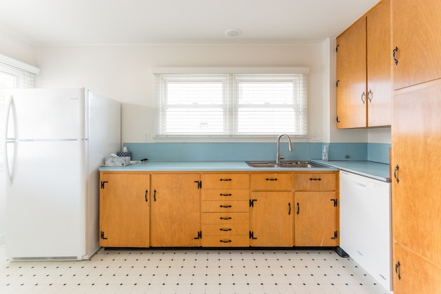 kitchen with white appliances, a healthy amount of sunlight, and sink