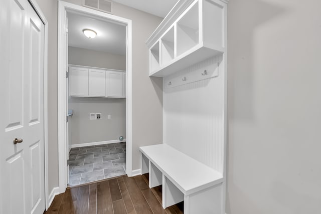 mudroom featuring dark wood-type flooring