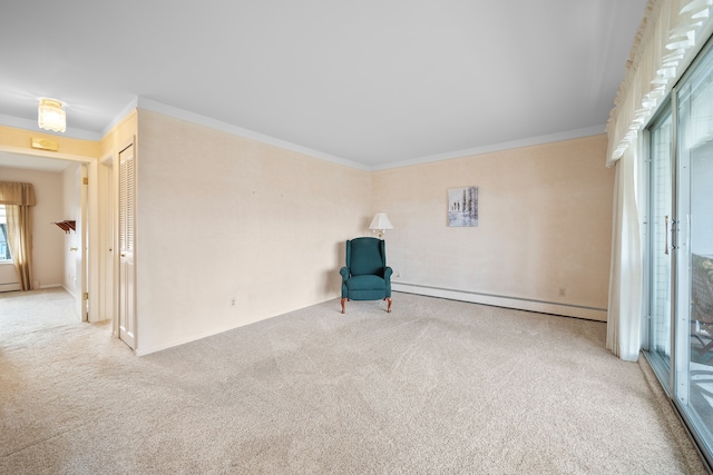 unfurnished room with crown molding, carpet floors, and a baseboard radiator